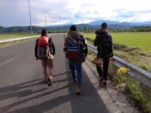 Refugees walking towards Idomeni